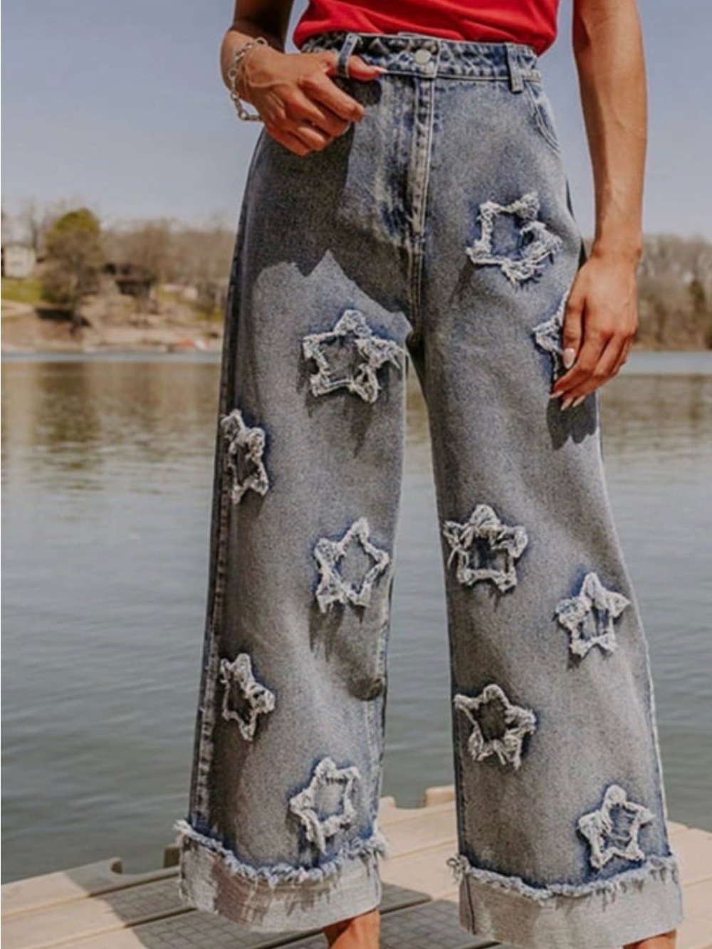 BIBI Star Denim Jeans Wide Leg 100% Cotton Women’s Large 32” Boho Y2K 90’s